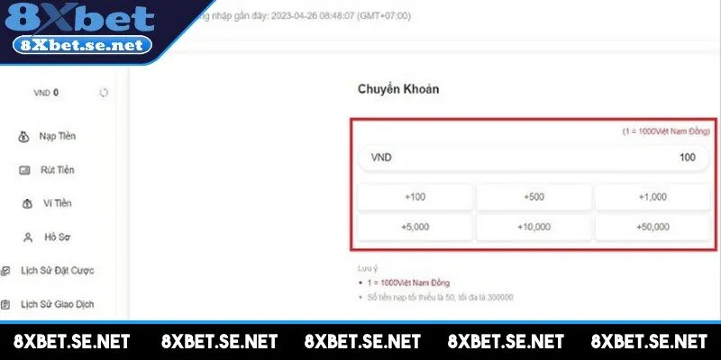 Giao dịch nạp tiền tại 8XBET diễn ra nhanh chóng với 4 bước đơn giản